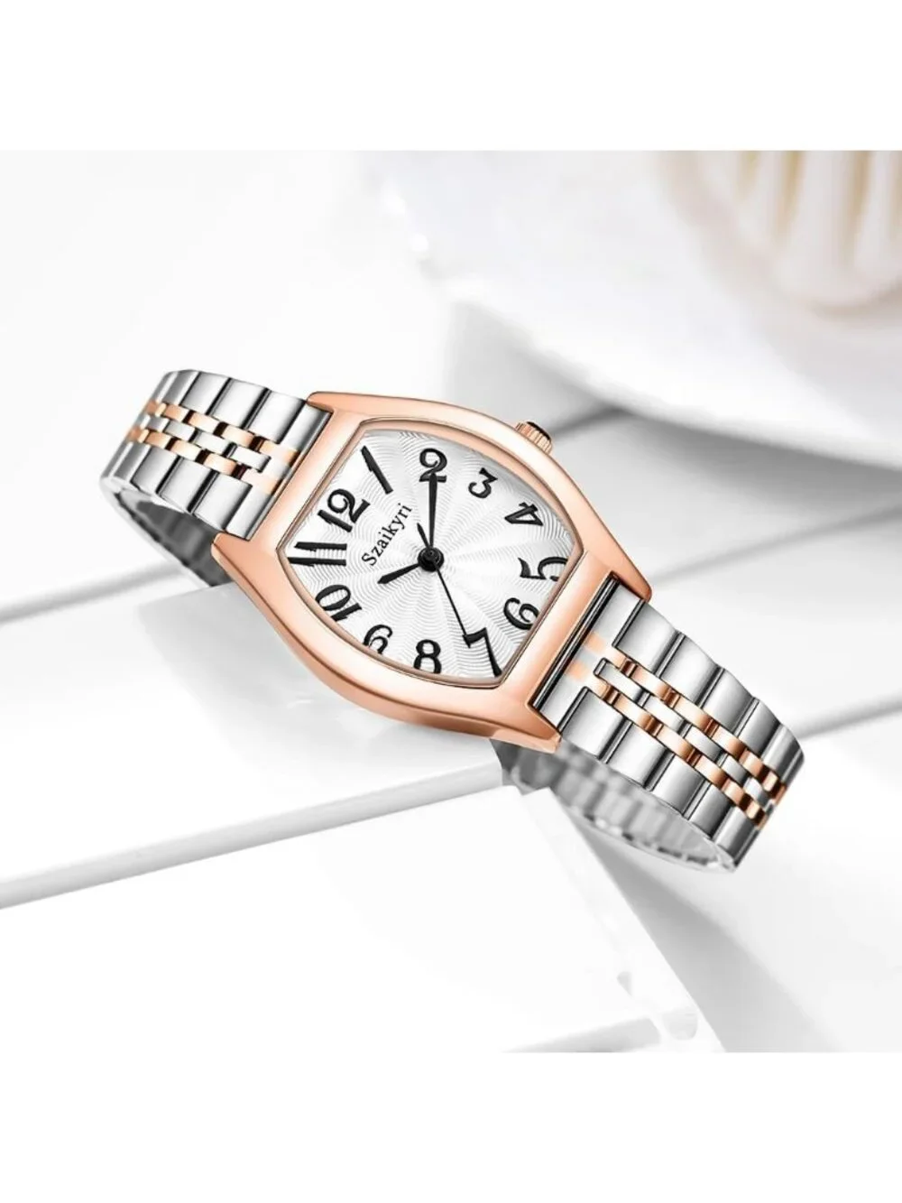 Women's Silver & Rose Gold-Black Barrel-Shaped Easy Read Arabic Numerals Watch